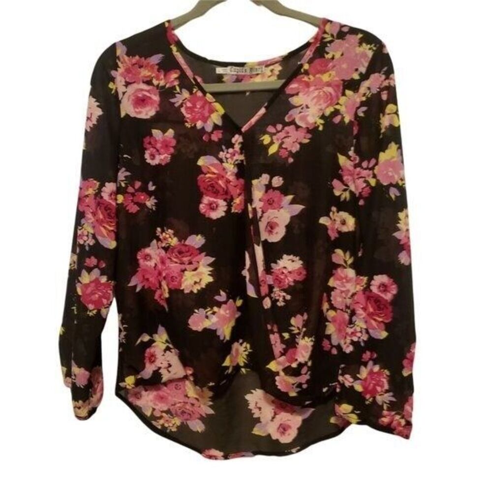 Cupid's Diary Womens Sz L Black  Floral Long Sleeve Blouse